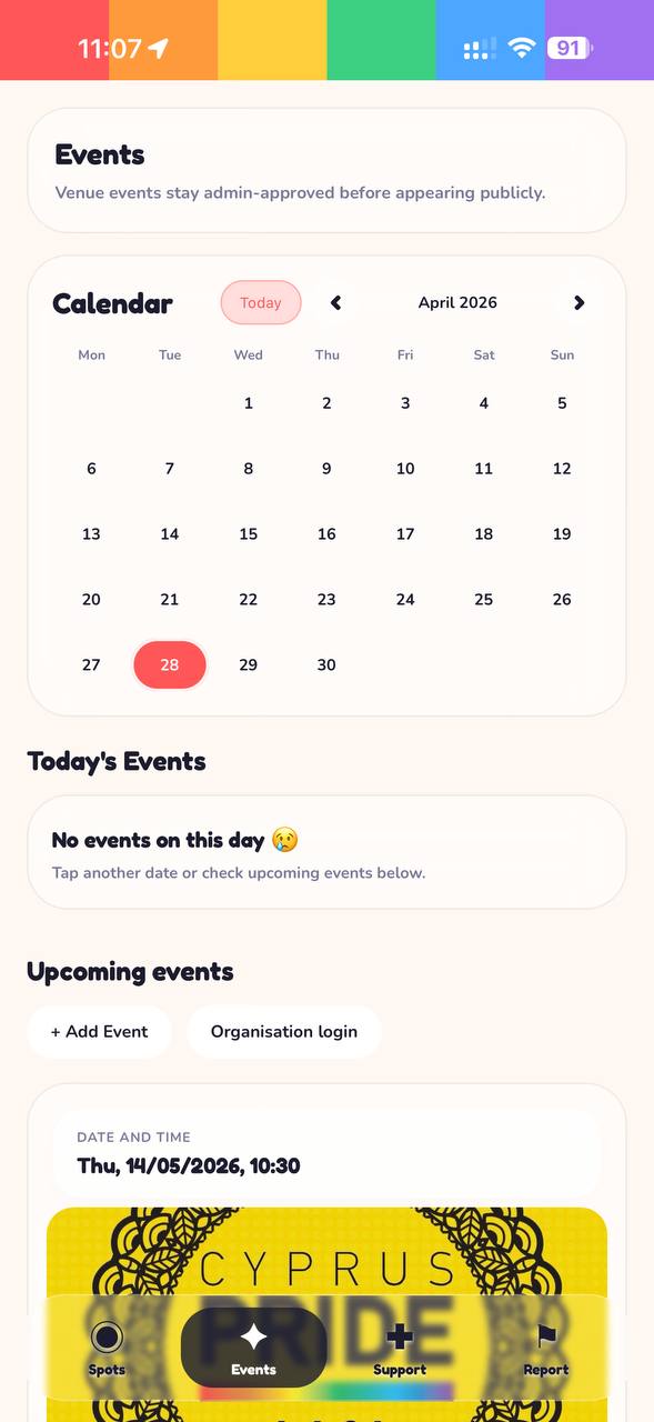QueerSpots CY Events screen with calendar and upcoming events