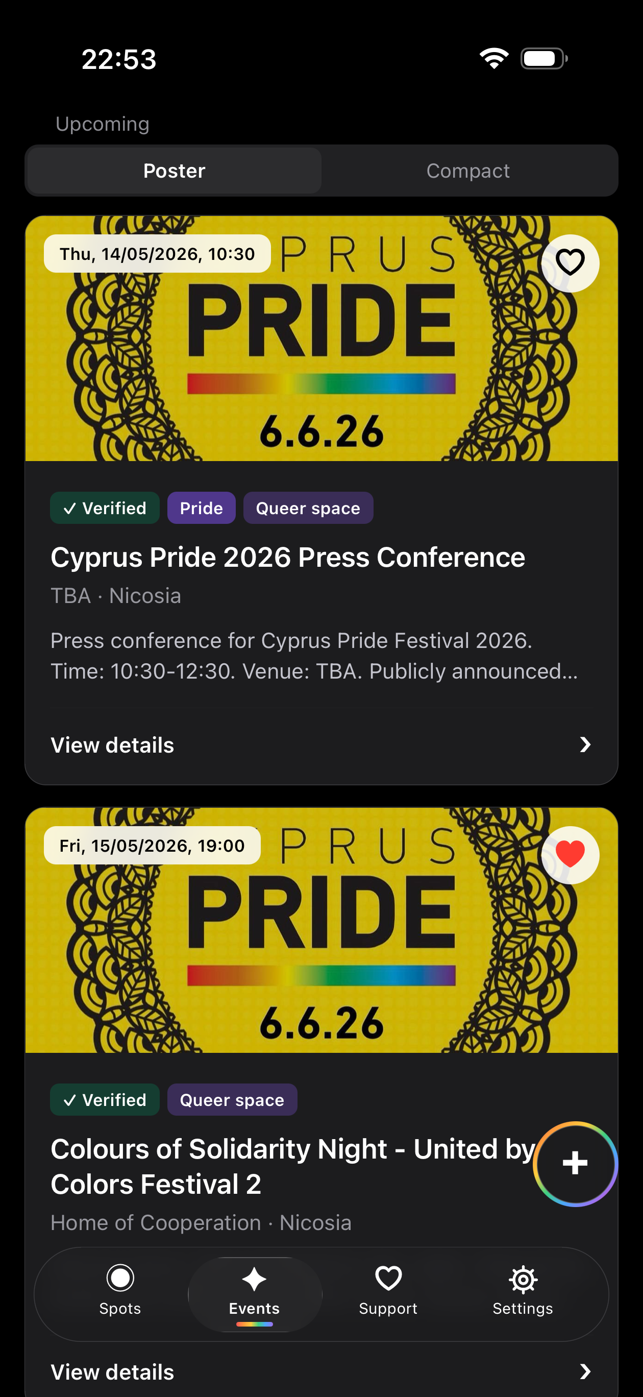 QueerSpots CY Support screen with organisations and community resources